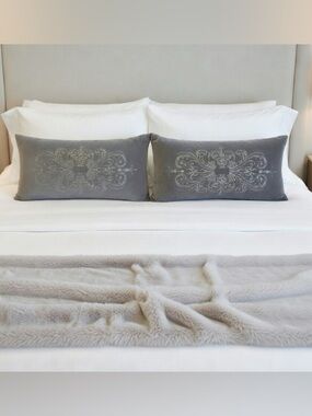 Embroidered Velvet Lumbar Pillows Pair in Gray by Rodeo Home
